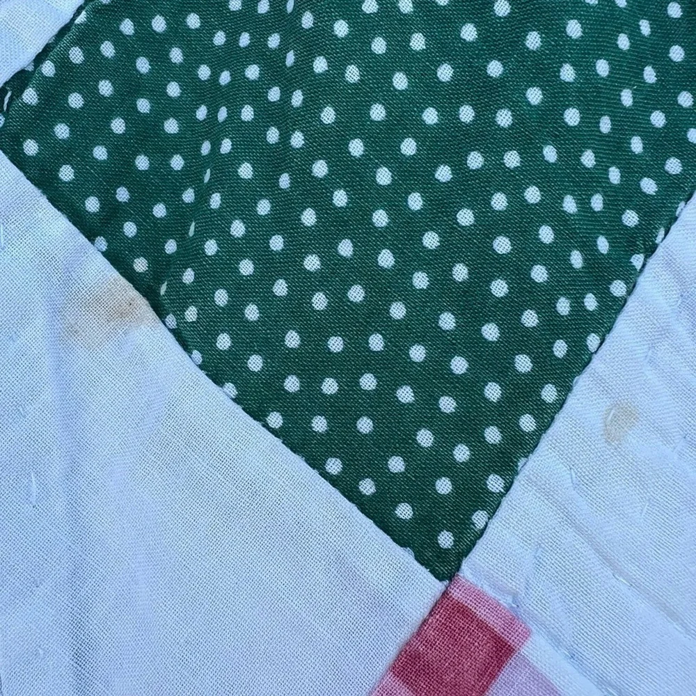 VTG Garden Block Quilt Floral Striped Reversible Hand Sewn Pink Green 82x84 FLAW